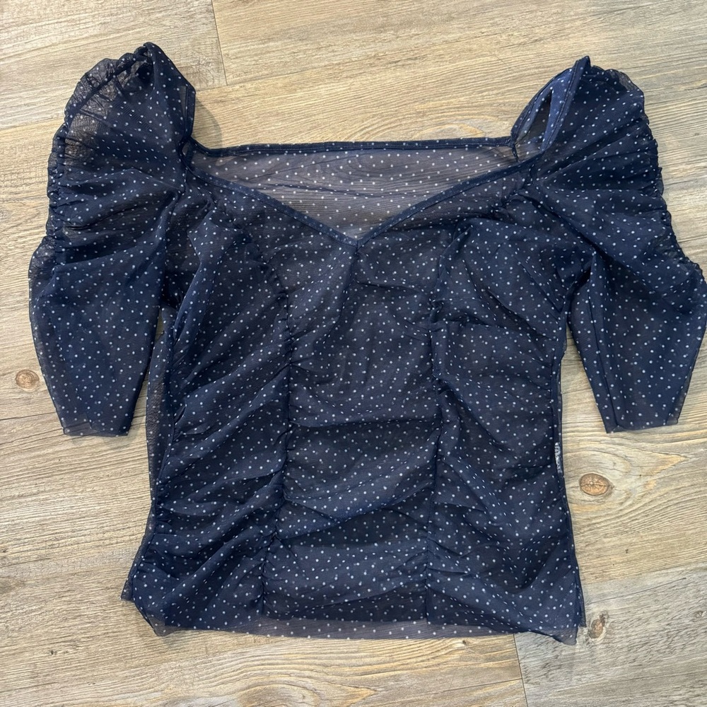 Elegant Navy Sheer Polka Dot Top
